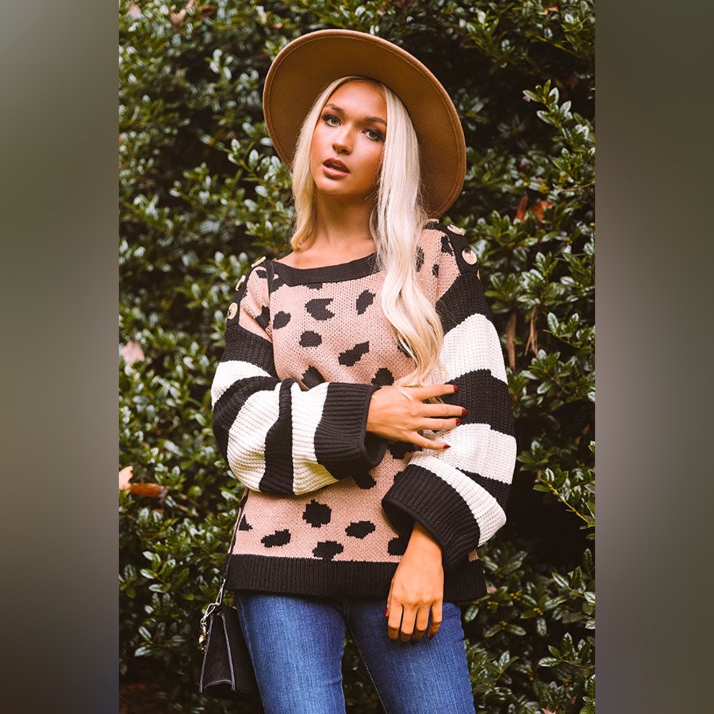 Leopard dot striped cheetah button wide bell sleeve fall sweater